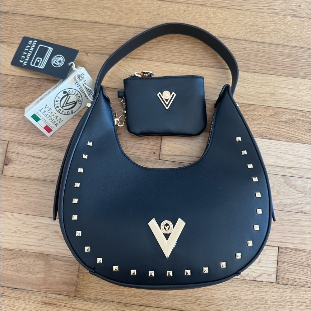 Valentino Orlandi Black Gold Studded Vegan Leather Shoulder Purse Bag